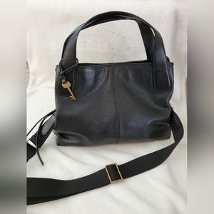 Fossil Maya Hobo Satchel Purse Bag Tote Black Genuine Leather Key Attached